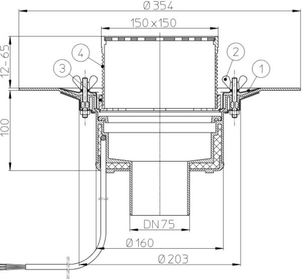 Dachablauf DN75 mit Klemmelement und Heizung (10-30W/230V). Begehbar - 148x148mm / 137x137mm  HL62.1B/7